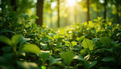 Morning sunlight filtering through lush green leaves creates serene atmosphere in forest setting, evoking sense of tranquility and peace