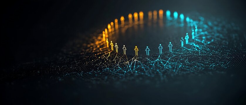 Figures in a partial ring, with an orange side transitioning to a blue side