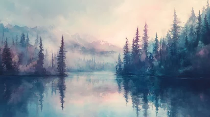 Wandcirkels Mistig bos Misty Mountain Lake: Serene Watercolor Landscape of Evergreens  © nuyirdna