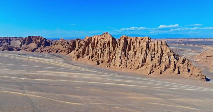 Aerial view of yardang landform mountain in desert. Famous Dahaidao no man's land natural scenery in Xinjiang, China.
