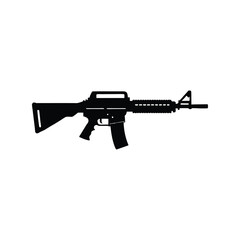 Assault Rifle Silhouette Black Vector Illustration. Tactical Firearm Graphic. Military Weapon Design