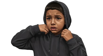 boy in hood with scared face
