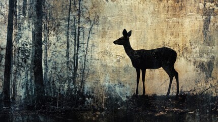 standing deer silhouette integrated with textured woodland scenery,