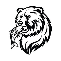 Black Bear Head Holding Fish in Mouth Wildlife, Animal, Predatory Mammal Design