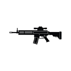 Assault Rifle Silhouette Black Vector Illustration. Tactical Firearm Graphic. Military Weapon Design