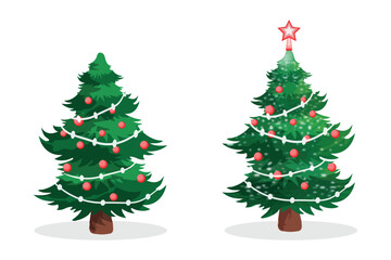 Decorated Christmas Trees with Lights, Red Ornaments, and Star Topper