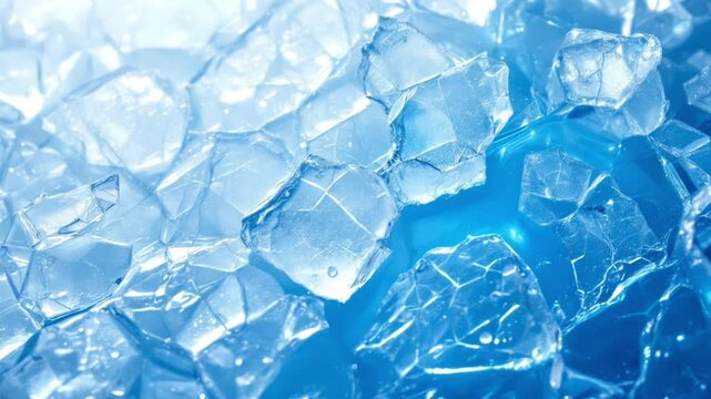 Transparent crystalline textures of ice cracking and expanding with a cool blue glow and a subtle glassy shimmer 