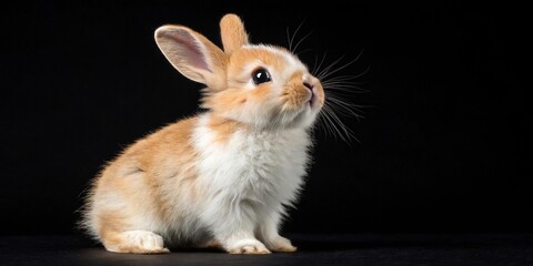 Obraz premium A fluffy white bunny, a small and cute mammal with ears, is isolated against a dark background