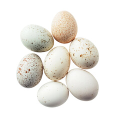 Fresh duck eggs displayed on a transparent background with varying speckled patterns and subtle color variations, Duck eggs on transparent background