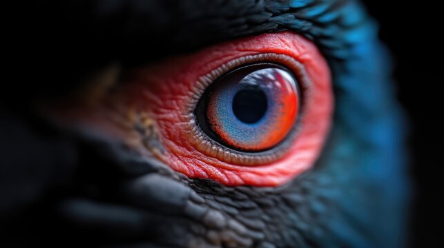 Extreme close-up of a wild bird eye featuring a vibrant blue iris and textured red skin surrounded by dark feathers.