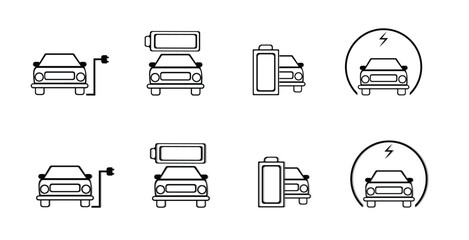 Electric Vehicle Charging and Battery Status Line Icons – EV Power Symbol Set