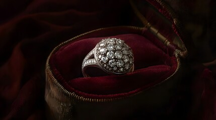 Naklejka premium Elegant vintage diamond ring resting in plush velvet jewelry box