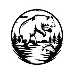 Minimalist Black Bear Silhouette Leaping Above Fish in Circular Mountain Forest