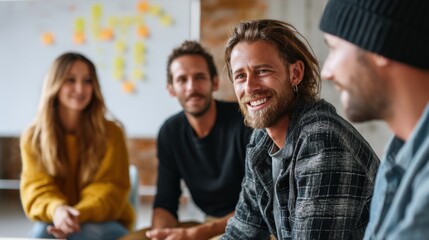 Obraz premium Modern creative team having a casual meeting in a contemporary office, diverse group of professionals seated around a table, whiteboard with sticky notes and project planning