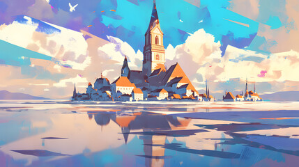 Church spires or towers colorful illustration