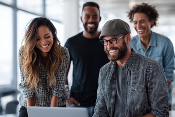 Fototapeta premium Modern office environment with diverse professionals collaborating around a laptop, casual business attire, creative team energy, contemporary workspace