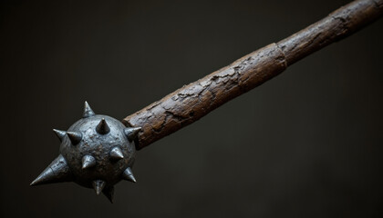 spiked metal flail with wooden handle, showcasing intricate details and rugged texture, evokes sense of historical weaponry