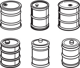 set of metal oil barrel line art, black outline, vector and illustration, coloring book page line art drawing