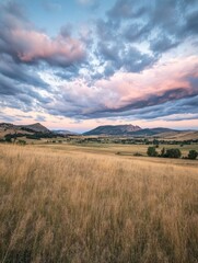 Serene Sunset Landscape: Golden Grasslands Under a Pastel Sky Overlooking Distant Mountains