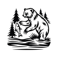 Black and White Bear Catching Fish with Trees, Monochrome Wild Animal Design