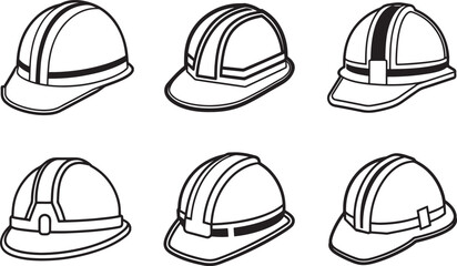 set of construction safety helmet line art, black outline, vector and illustration, coloring book page line art drawing