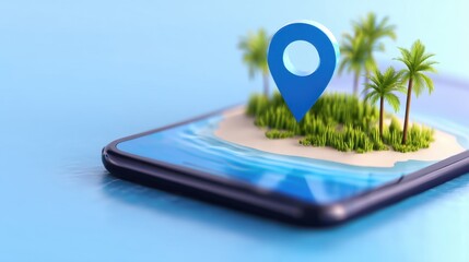 A smartphone displaying a tropical island with palm trees and a location pin on the screen