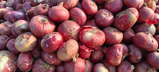 A pile of fresh onion open sell in Indian market.