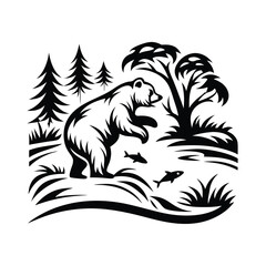 Black Bear Silhouette with Fish, Forest Landscape, Trees, and Grass