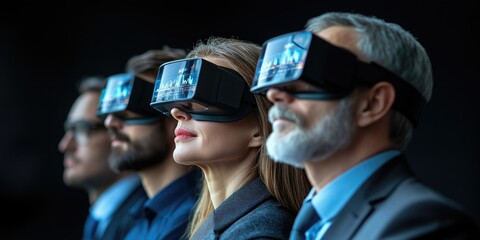 using virtual reality headset to examine 3D hologram, VR glasses at data center. Professional businessman looking and accessing at marketing data by using augmented reality technology. Ingenuity.