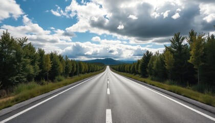 Straight road through a forest, under a cloudy sky