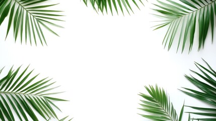 Traveler accessories, tropical palm leaf branches on white background 