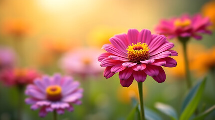 Obraz premium Pink Zinnia Flower in Bloom with Garden Bokeh Perfect for Floral Photography and Nature-Loving Audiences
