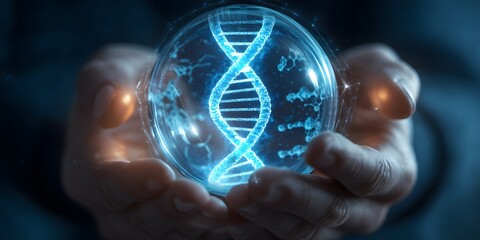 Glowing DNA Helix in Hands Conceptual Image for Science and Technology