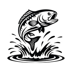 Black Silhouette of Fish Jumping Out of Water with Splashes Isolated on White Icon