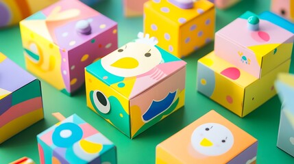 Colorful Cartoon Gift Boxes on Green Background