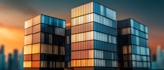 Fototapeta premium Futuristic buildings stand tall against a colorful sunset. Cityscape in the background