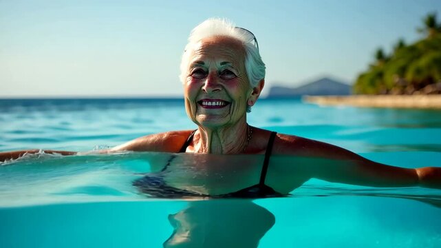 Portrait elderly woman (over 50 years old) in a swimsuit, relaxing at a resort and swimming in the sea. happy pensioner is enjoying her summer vacation. Everything is included. Generative 4k video