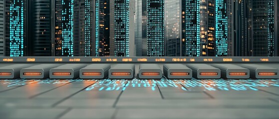 Fototapeta premium Future tech scene servers with lit panels and cityscape background