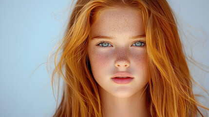 Naklejka premium Portrait of a Young Redhead Girl with Freckles and Blue Eyes
