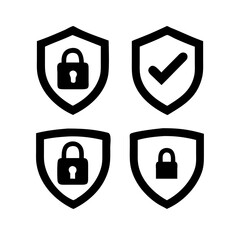 Set of security shield icons, security shields logotypes with check mark and padlock.. Security Shield Vector Line Icon Set. Security shield outline symbols with check mark and padlock.