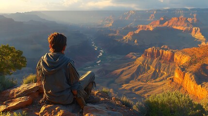 Fototapeta premium Man admiring grand canyon vista at sunset wallpapers