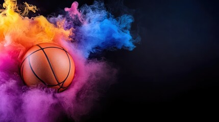 Fototapeta premium Abstract color smoke rising behind basketball on black, dramatic sports banner