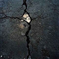 A Crack in the Asphalt: A Study in Texture and Decay  A Dark and Gritty Abstract Photograph of a Deep Fissure in a Road Surface
