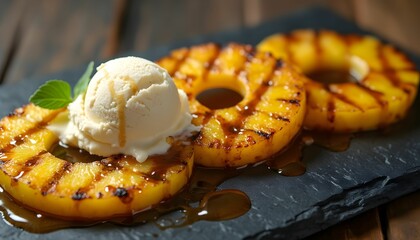 Grilled pineapple slices with vanilla ice cream served on a slate plate during a summer barbecue gathering Generative AI