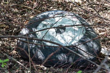 A large gray boulder lying in the bushes and painted with paint in the shape of an eye. A symbol of unknown purpose, a bizarre object in the wild.