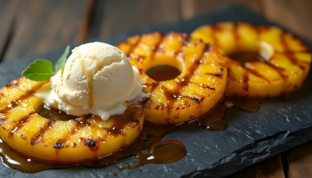 Grilled pineapple slices with vanilla ice cream served on a slate plate during a summer barbecue gathering Generative AI