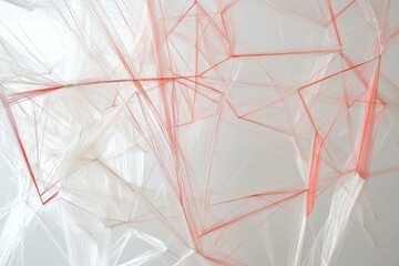 Abstract translucent structure with intricate red lines.