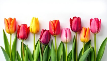 Obraz premium Vibrant tulips, diverse colors, pure white backdrop, colorful, isolated