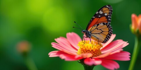 Close-up of butterfly on multi-colored petals, blurred green backdrop, art, garden, focus