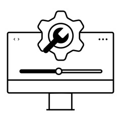 System Optimization Screen. Monitor with gear and slider representing performance tuning and support tools